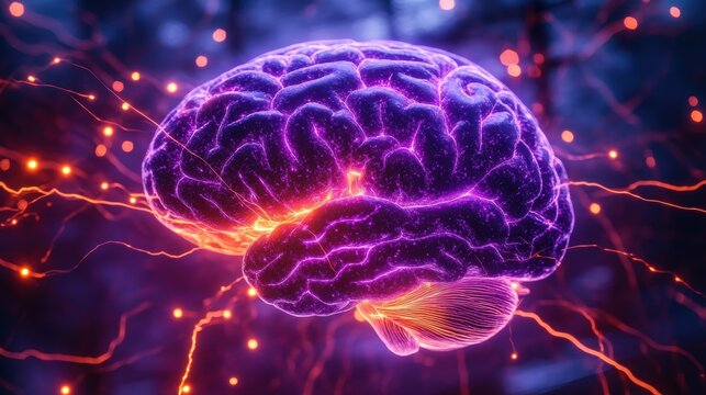 Glowing purple brain with neural electric impulses, symbolizing intelligence, neuroscience, and epilepsy awareness in a futuristic setting