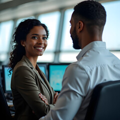 a man and a woman sitting in front of computers
