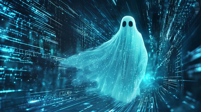 A digital ghost haunting the cybernetic abyss. Haunted Cybernetics. Illustration