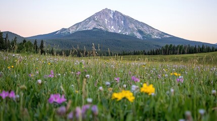 Fototapeta premium Mountain meadow at dawn, wildflowers, tranquil scene, nature photography, scenic view