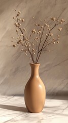 Elegant vase with dried flowers on a marble surface with soft lighting