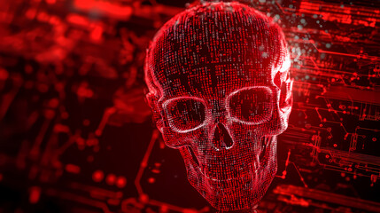Abstract red binary code skull with digital elements. Haunted Cybernetics. Illustration