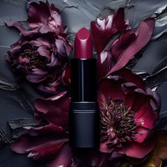 Elegant lipstick on dark floral background showcasing luxury beauty products