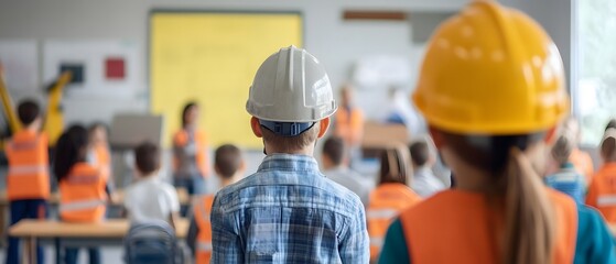 A classroom scene featuring children wearing safety helmets, engaged in a creative learning activity about construction. The atmosphere is lively, promoting education and teamwork.