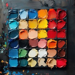 Brightly colored paint palette arranged in a square format for artistry and creativity