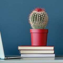 Cactus plant atop stacked books with laptop on desk against blue wall
