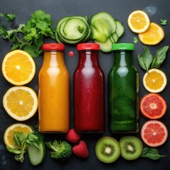 Colorful assortment of fresh fruit and vegetable juices arranged on a dark surface