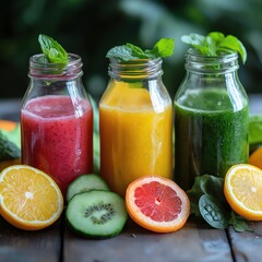 Refreshing fruit juices displayed in glass bottles with fresh ingredients on a wooden surface
