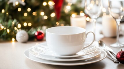 Elegant holiday table setting with white ceramic dinnerware and festive decorations