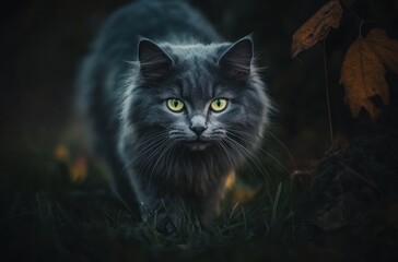 Grey Cat Stalking Through Dark Grass Outdoors