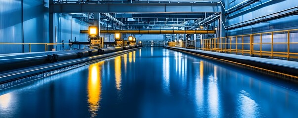 Fototapeta premium A vibrant industrial space featuring advanced machinery and a reflective water surface, showcasing modern engineering and innovation in a captivating blue-lit environment.