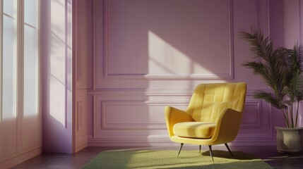 Yellow chair in a bright room with soft sunlight reflecting off pastel walls