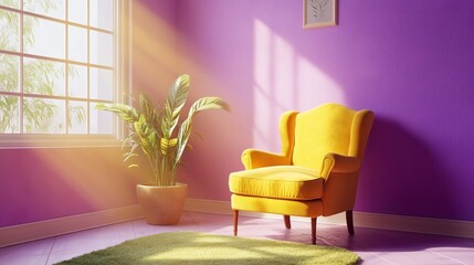 Bright yellow chair in a vibrant purple room with sunlight streaming through a window