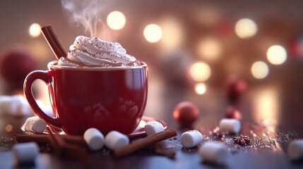 Warm cup of hot chocolate with whipped cream and spices during winter holiday season