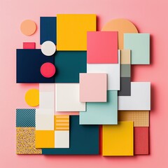 Colorful geometric shapes arranged on a pink background showcasing modern design elements