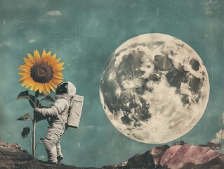 Astronaut holding a sunflower under the moonlit sky in a surreal cosmic landscape
