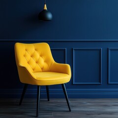 Stylish yellow chair against a deep blue wall in a modern interior design setting