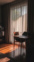 Sunlit home office desk, chair, curtains, hardwood floor, bookshelves