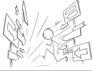 Person running in direction following arrows, vector cartoon stick figure or character illustration.
