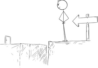 Person looking at door behind obstacle in way , vector cartoon stick figure or character illustration.