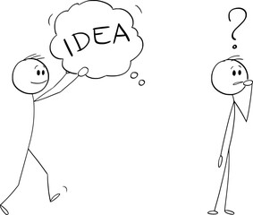 Person needs help with ideas or problem solution , vector cartoon stick figure or character illustration.