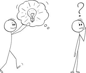 Person needs help with ideas or problem solution , vector cartoon stick figure or character illustration.