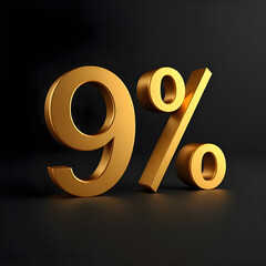 Golden 9% Discount: A 3D rendering of a gleaming gold 9% symbol, set against a sophisticated black background. Ideal for showcasing sales, promotions, and discounts.