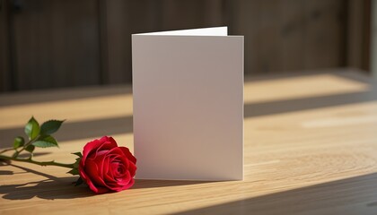 Clean and Modern Valentine&rsquo;s Greeting Card Mockup with Red Rose on Wooden Surface