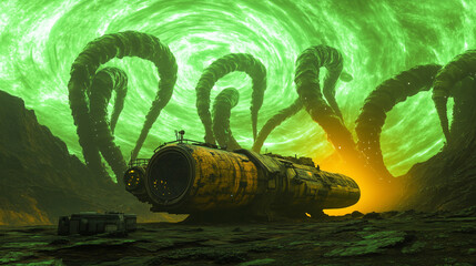 Abandoned Spaceship Under an Eerie Alien Sky with Tentacle Shapes Cosmic Horror Fantasy