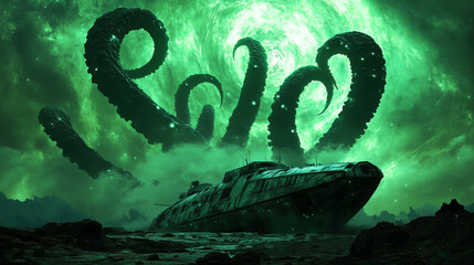 Abandoned Spaceship Under an Eerie Alien Sky with Tentacle Shapes Cosmic Horror Fantasy