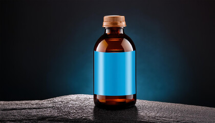 bottle mockup brown glass bottle with a blank blue label on a dark background