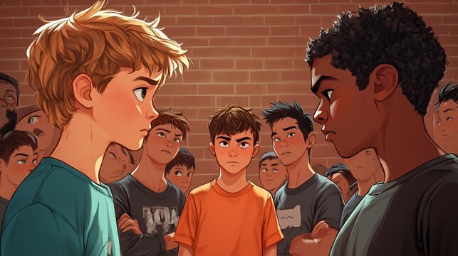 Tension Rises Between Two Boys Facing off in a Crowded Gym During an Intense Moment of Rivalry and Confrontation