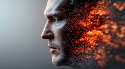 Man's profile, fiery transformation, abstract background, concept art
