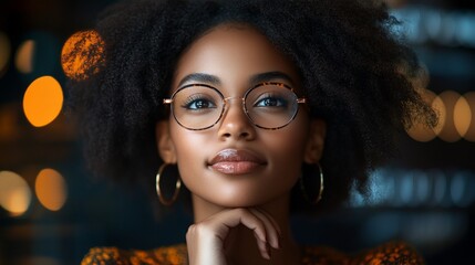 Fototapeta premium Confident woman, glasses, night bokeh, hand chin
