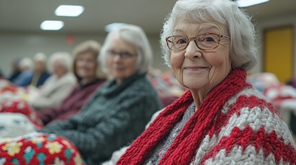 Elderly Women Gather in a Community Center for a Social Event While Enjoying Handcrafted Blankets and Each Other's Company