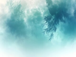 Dreamy Sky: A serene and ethereal canvas of soft blue and white hues, reminiscent of a hazy dream, with delicate tree branches silhouetted against the ethereal sky.  