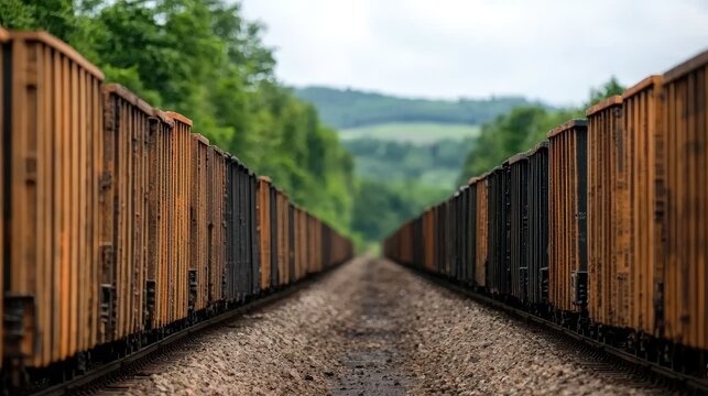 Long freight train on railway tracks, rural landscape background. Industrial transport image