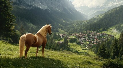 Palomino Horse Overlooks Alpine Village Nestled In Mountains