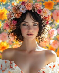 portrait of woman with flower wreath on floral background