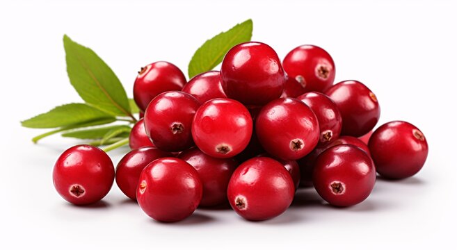 a pile of cranberries with leaves