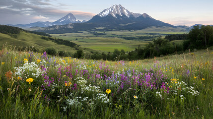 Wildflower meadow, mountain vista, Montana sunrise