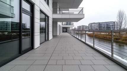 Modern apartment balcony overlooking canal, winter cityscape