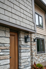 Fototapeta premium Modern House Exterior with Stone and Wood Design. Contemporary Architecture, Real Estate, Residential Property, Facade, and Stylish Home Entrance.