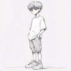 Character Illustration of a Young Boy with Curly Hair in Various Artistic Styles, Including Sketches and Digital Painting