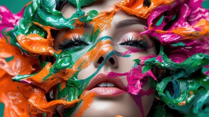 Woman's face covered in colorful paint, studio shot