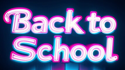 Neon white ,Back to School, text with a pink outline, glowing against a dark background, complemented by a vibrant 80s-style grid pattern in shades of pink and blue, giving a retro, nostalgic feel, - Powered by Adobe