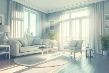 Fototapeta premium Brightly lit modern living room, light gray sofa, white armchairs, round white rug, large windows with sheer curtains, sunlight streaming in, minimalist decor, plants, coffee table, soft lighting