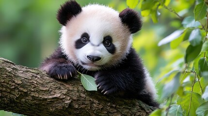 Obraz premium Cute baby panda eating leaf in tree