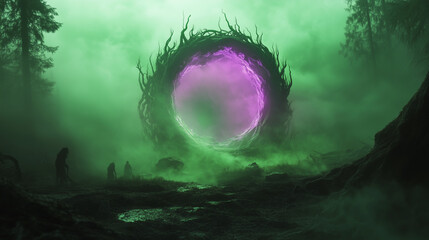 Eldritch Portal in a Dark Foggy Forest with Twisted Roots Cosmic Horror Fantasy Background