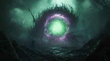 Eldritch Portal in a Dark Foggy Forest with Twisted Roots Cosmic Horror Fantasy Background